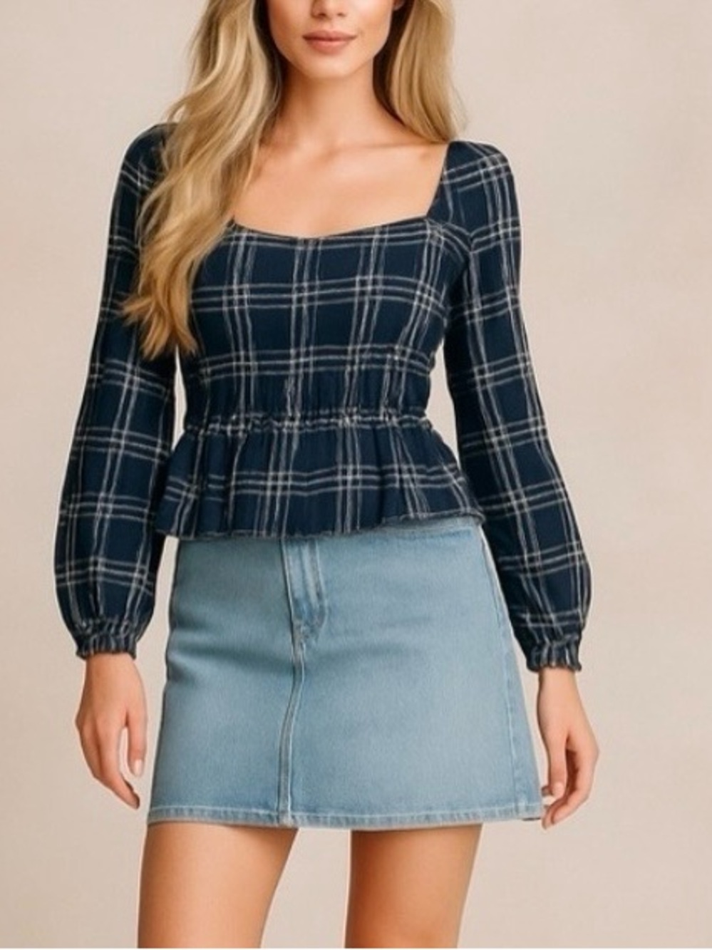 PAPER CRANE Plaid Smocked Peplum Top – Sz S NWT